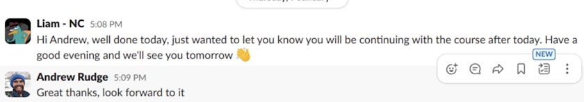 Slack message between Andrew and a Northcoders tutor after he successfully completed Review Day