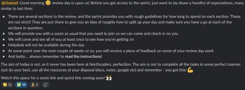 Slack message on the Northcoders bootcamp giving guidance for a day reviewing current learning